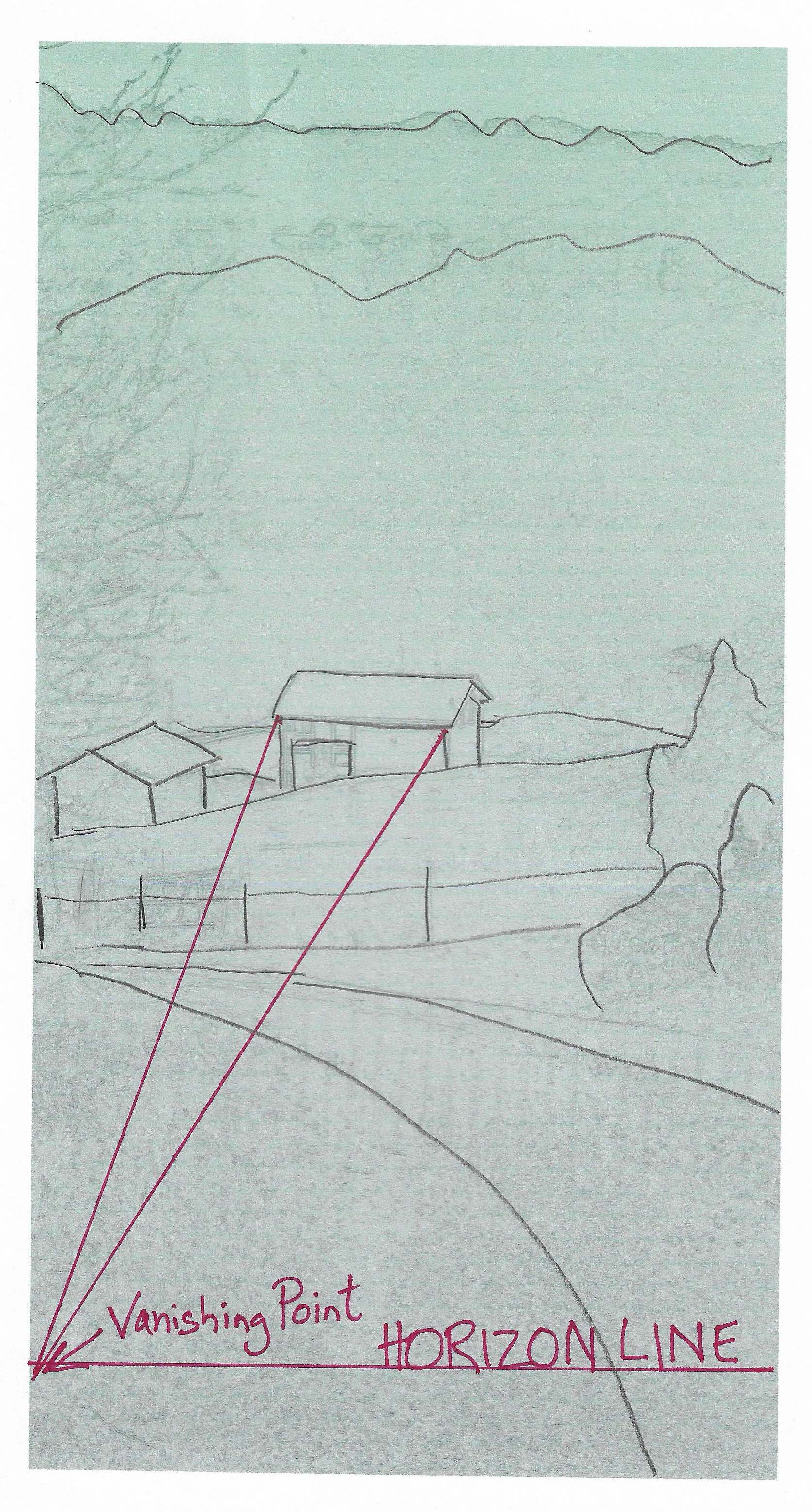 Aerial View with a low horizon line, looking down at Allie's driveway - Drawn Example