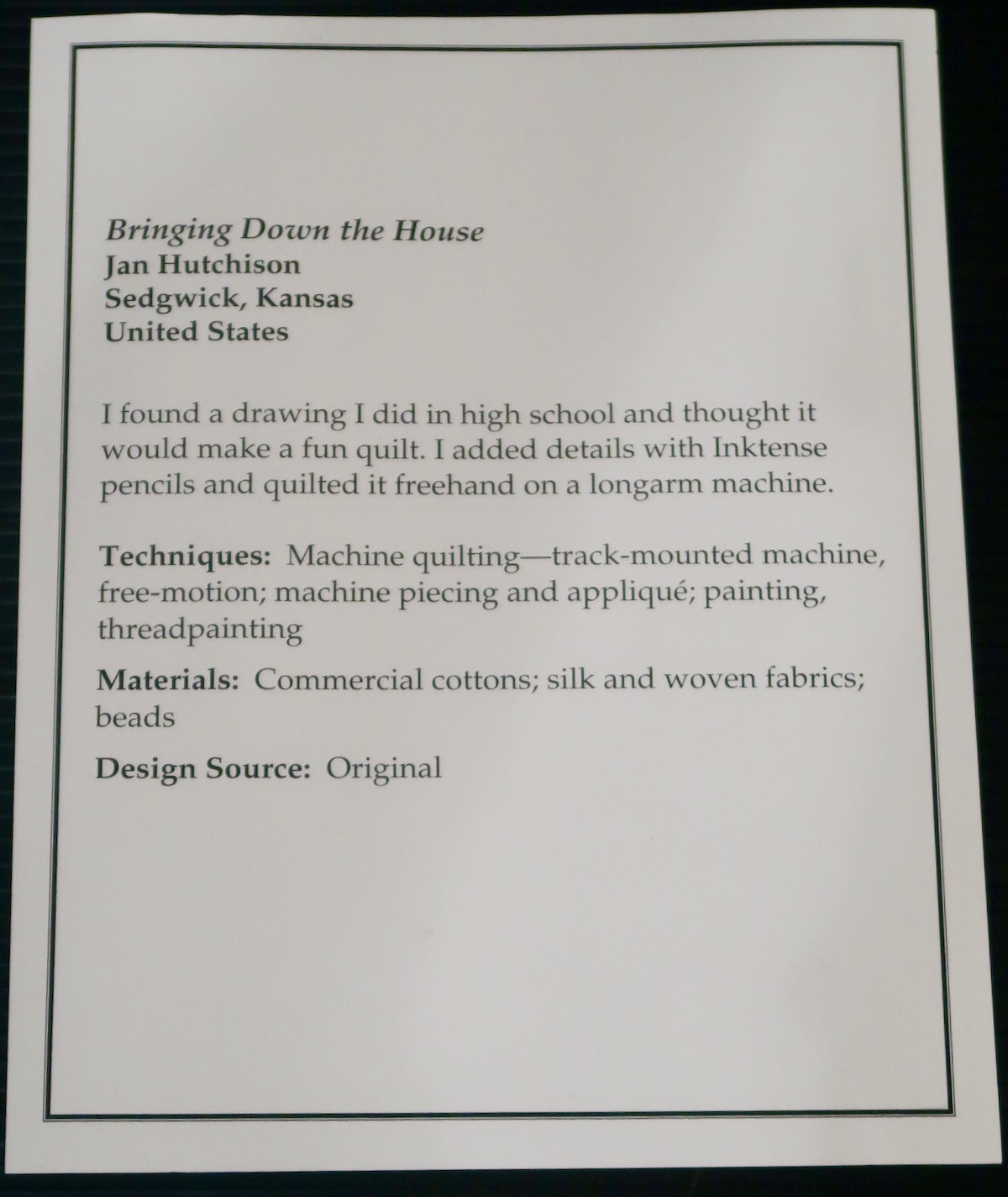 "Bringing Down the House" by Jan Hutchison - Sign