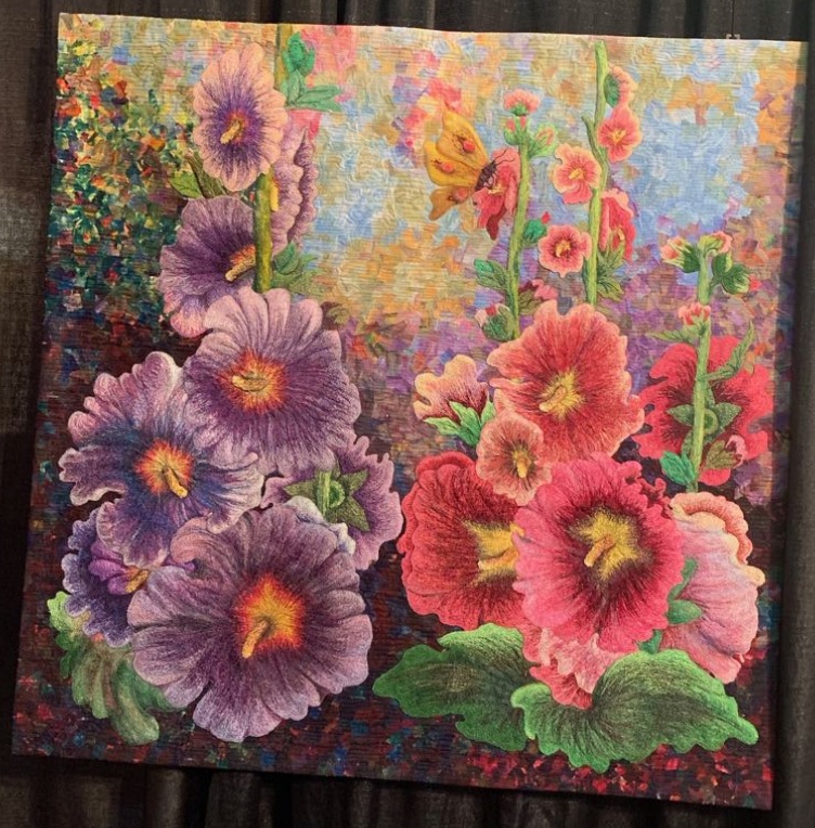 "Thread-painted Hollyhocks" by Charlotte Hickman