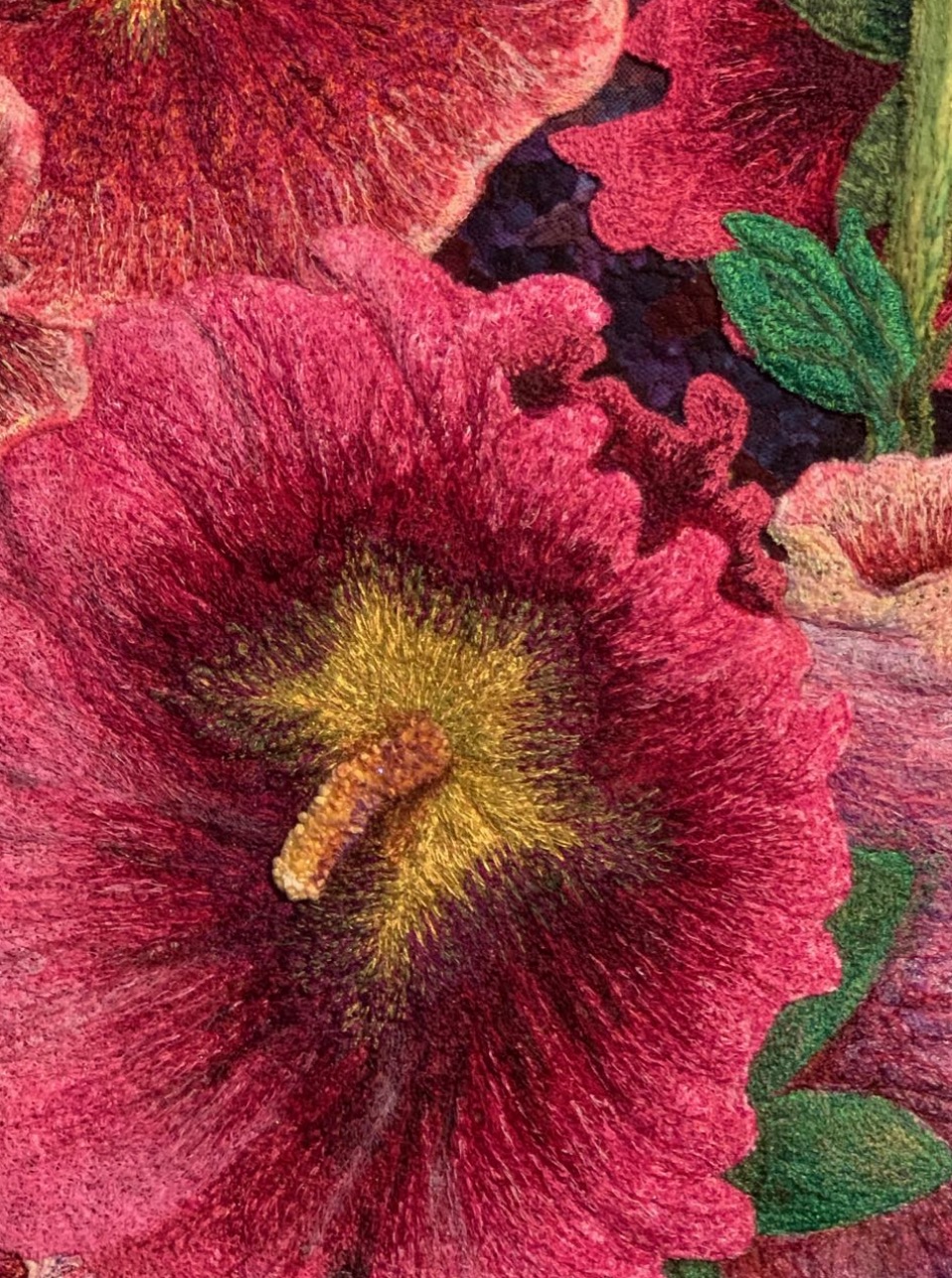 "Thread-painted Hollyhocks" by Charlotte Hickman - Flower Detail